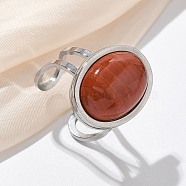 Oval Natural Red Jasper Finger Rings, 304 Stainless Steel Open Cuff Rings for Women, Oval: 21.5x16.5mm, Inner Diameter: Adjustable(RJEW-M062-02P-14)