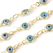 3.28 Feet Handmade Evil Eye Lampwork Link Chains, Soldered, with Brass Findings, Long-Lasting Plated, Flat Round, Golden, Sky Blue, 10x4.5x2mm, Hole: 1.5mm(X-CHC-F009-01A-G05)