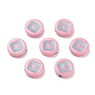 Opaque Acrylic Beads, Metal Enlaced, Flat Round with Rhombus Pattern, Pink, 15~15.5x4.5~5mm, Hole: 1.8mm, about 606pcs/500g(OACR-G016-07J)