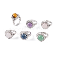 Natural Mixed Stone Round Adjustable Rings, Platinum Plated Brass Finger Rings for Women Men, Inner Diameter: 18mm(RJEW-K271-04P)