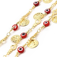 Glass Flat Round with Enamel Evil Eye Beaded Chains, with Real 18K Gold Plated Brass Coin Charms Chains Link Chain, Lead Free & Cadmium Free, Soldered, with Spool, Red, 19x6x3mm, 13x5x1mm(CHC-G017-23G-02)