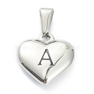 304 Stainless Steel Pendants, Heart with Black Letter, Stainless Steel Color, Letter.A, 16x16x4.5mm, Hole: 7x3mm(STAS-P278-01A-P)