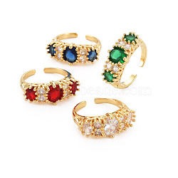 Brass Micro Pave Cubic Zirconia Cuff Rings, Open Rings for Women, Cadmium Free & Nickel Free & Lead Free, Real 18K Gold Plated, Oval, Mixed Color, US Size 7 1/4(17.5mm)(RJEW-S045-146G)