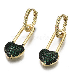 Brass Micro Pave Cubic Zirconia Dangle Huggie Hoop Earrings, Nickel Free, Heart, Real 16K Gold Plated, Green, 29mm, Pin: 1mm(EJEW-S208-109C-NF)