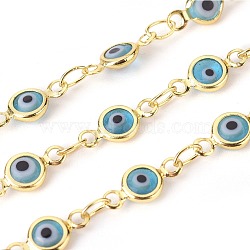 3.28 Feet Handmade Evil Eye Lampwork Link Chains, Soldered, with Brass Findings, Long-Lasting Plated, Flat Round, Golden, Sky Blue, 10x4.5x2mm, Hole: 1.5mm(X-CHC-F009-01A-G05)