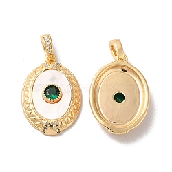 Brass Pave Cubic Zirconia Pendants, Oval Charms with Natural Shell, Real 18K Gold Plated, Dark Green, 22.5x15.5x4mm, Hole: 2x4.5mm(KK-I703-08G-01)