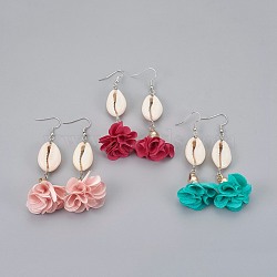 Cloth Dangle Earrings, with Brass Earring Hooks, Cowrie Shell Beads, Mixed Color, 78~80mm, Pin: 0.4mm(EJEW-JE02902-M)