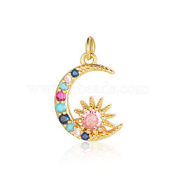 Brass Micro Pave Colorful Cubic Zirconia Pendants, Moon Charms, Real 18K Gold Plated, 21x16x3.6mm(ZIRC-OY001-10G)