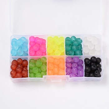 Frosted Round Transparent Glass Beads, Mixed Color, 8mm, Hole: 1.3mm, about 18~20pcs/compartment, 180~200pcs/box