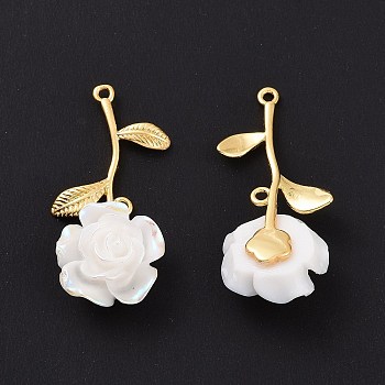 Acrylic Pendants, with Brass Findings, Real 18K Gold Plated, Rose Charm, White, 32.5x15x7mm, Hole: 1.2mm
