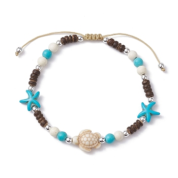 Starfish & Tortoise Synthetic Turquoise Braided Bead Anklets, Nylon Cord Adjustable Bracelets, Floral White, Inner Diameter: 2-7/8~3-7/8 inch(7.3~9.7cm)