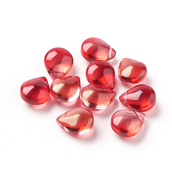 Transparent Glass Beads, with Glitter Powder, Dyed & Heated, Teardrop, Red, 12x9x6mm, Hole: 1mm