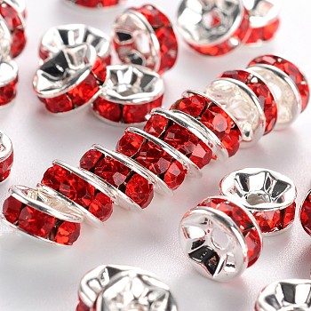 Brass Grade A Rhinestone Spacer Beads, Silver Color Plated, Nickel Free, Light Siam, 7x3.2mm, Hole: 1.2mm