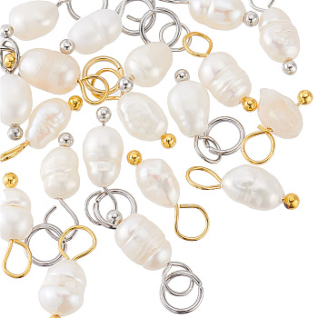 20Pcs 2 Colors Grade A Natural Cultured Freshwater Pearl Rice Charms, with 304 Stainless Steel Open Jump Rings, Golden & Stainless Steel Color, 12~13mm, Hole: 3.4mm, 10pcs/color