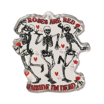 Acrylic Pendants, Valentine's Day Heart, ROSES ARE RED INSIDE I'M DEAD, Skeleton, 37x35x2.2mm, Hole: 1.6mm