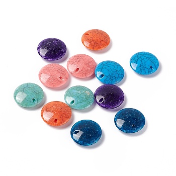 Crackle Opaque Acrylic Beads, Imitation Turquoise, Flat Round, Mixed Color, 25x7.5mm, Hole: 2mm, about 194pcs/500g