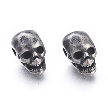 Halloween 304 Stainless Steel Beads, Skull Head, Antique Silver, 12x7x9.5mm, Hole: 2mm
