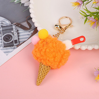 Wool Ice Cream Pendant Keychain, with Iron Findings, Dark Orange, 14cm