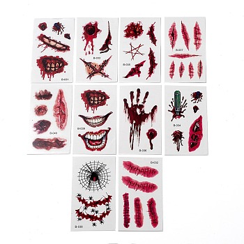 10Pcs 10 Style Halloween Horror Realistic Bloody Wound Stitch Scar Removable Temporary Water Proof Tattoos Paper Stickers, Rectangle, FireBrick, 10.5x6x0.03cm, 10 style, 1pc/style, 10pcs/set