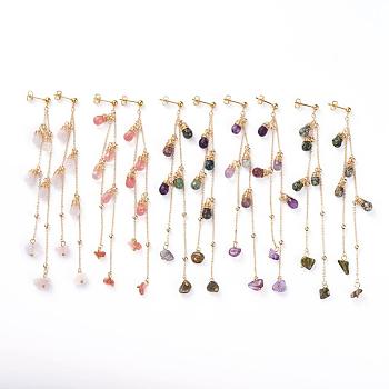 Natural Mixed Gemstone Dangle Stud Earrings, with 304 Stainless Steel Earring Findings, Brass Cable Chains & Ear Nuts & Jewelry Box, 120mm, Pin: 0.8mm