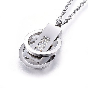 304 Stainless Steel Pendant Necklaces, with Cubic Zirconia, Ring and Rectangle, Stainless Steel Color, 18.1 inch(46cm), Pendant: 26x15x5mm