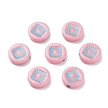 Opaque Acrylic Beads, Metal Enlaced, Flat Round with Rhombus Pattern, Pink, 15~15.5x4.5~5mm, Hole: 1.8mm, about 606pcs/500g