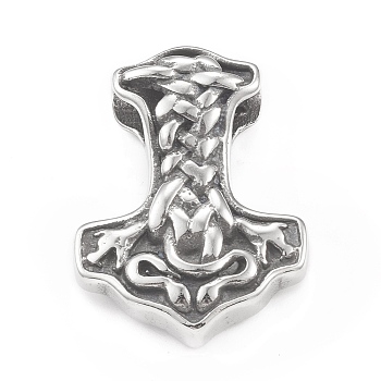 304 Stainless Steel Pendants, Thor's Hammer Charm, Antique Silver, 39x29x13mm, Hole: 7.5mm