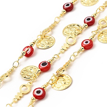 Glass Flat Round with Enamel Evil Eye Beaded Chains, with Real 18K Gold Plated Brass Coin Charms Chains Link Chain, Lead Free & Cadmium Free, Soldered, with Spool, Red, 19x6x3mm, 13x5x1mm