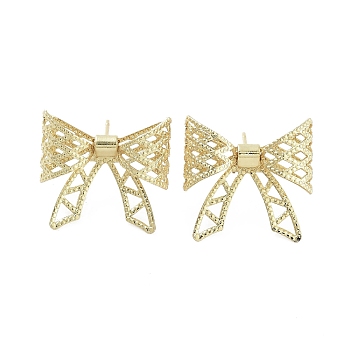 Hollow Bowknot Brass Stud Earrings, Long-Lasting Plated, Lead Free & Cadmium Free, Real 18K Gold Plated, 20x21mm