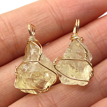 Raw Rough Natural Citrine Pendants, Nuggets Charms with Golden Plated Copper Wire Wrapped, 18~30x12~22mm