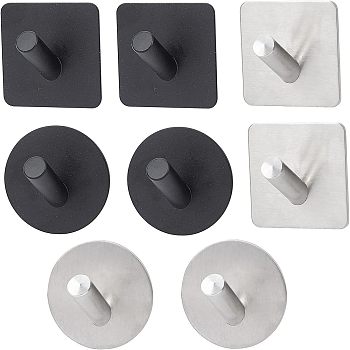 Olycraft 8Pcs 2 Style 304 Stainless Steel Hook Hanger, with Self Adhesive Sticker, Square & Flat Round, Electrophoresis Black & Stainless Steel Color, 2.85x4.5cm, 4.5x4.5x2.8cm, 8pcs/set