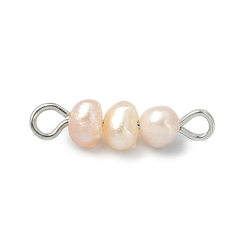 Natural Cultured Freshwater Pearl Connector Charms, Potato Links, with Stainless Steel Color Plated Brass Double Loops, PeachPuff, 18x4.5x4.5mm, Hole: 1.8mm & 2mm