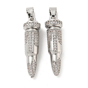 Brass Micro Pave Cubic Zirconia Pendants, Long-Lasting Plated, Bullet, Platinum, 31x8.5mm, Hole: 6.5x4mm