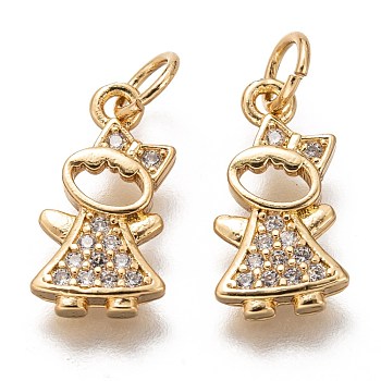Brass Micro Pave Clear Cubic Zirconia Pendants, Long-Lasting Plated, with Jump Ring, Girl, Golden, 15x8x2mm, Jump Ring: 5x1mm, 3mm Inner Diameter
