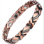 Alloy with Crystal Rhinestone Link Chain Bracelets, Leaf, with Magnetic Clasp, Red Copper, 8-1/8~8-1/2 inch(20.5~21.5cm)(FS-WG03E93-01)
