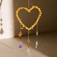 Heart Natural Yellow Quartz Chips Hanging Ornaments, Glass Leaf Hanging Suncatcher for Home Garden Ornaments, 437mm(HJEW-G024-01C)