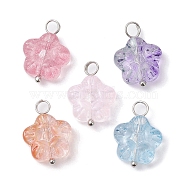 Transparent Baking Paint Glass Pendant, with Brass Loops, Mixed Color, Flower, 18x13x5mm, Hole: 3mm(PALLOY-JF02340-02)