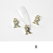 Alloy Rhinestone Cabochons, Nail Art Decoration Accessories, with Jump Ring, Letter, Golden, Letter.R, 11~14x5~12mm(MRMJ-T056-93G-R)