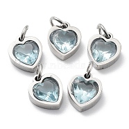 304 Stainless Steel Pendants, with Cubic Zirconia and Jump Rings, Single Stone Charms, Heart, Stainless Steel Color, Light Sky Blue, 9x8x3mm, Hole: 3.6mm(STAS-D189-06P-14)