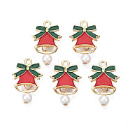 Rack Plating Alloy Enamel Pendants, with ABS Plastic Imitation Pearl, Cadmium Free & Nickel Free & Lead Free, Light Gold, Christmas Bell, Red, 22mm, Hole: 1.8mm(ENAM-N055-153A)
