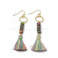 Nylon Tassels Dangle Earrings, with Natural Regalite/Imperial Jasper/Sea Sediment Jasper and Iron Findings, Colorful, 79mm, Pin: 0.5mm, Pendant: 27mm(EJEW-S202-001F)