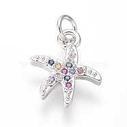 Brass Micro Pave Cubic Zirconia Charms, with Jump Rings, Starfish/Sea Stars Shape, Colorful, Platinum, 12x10x1.5mm, Hole: 2.5mm(X-ZIRC-I032-54P)