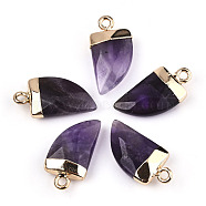 Natural Amethyst Pendants, Top Light Gold Plated, with Iron Loop, Scabbard, Faceted, 20x10.5x5mm, Hole: 1.8mm(G-N326-57D)