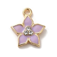 Flower Alloy Enamel Pendants, with Rhinestone, Light Gold, Lilac, 13.5x12.5x2.5mm, Hole: 1.4mm(ENAM-A007-05KCG-03)
