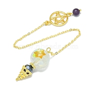 Round Resin Dowsing Pendulum Big Pendants, Opalite Chip Inisde and Cadmium Free & Lead Free Golden Plated Brass Findings, Cone Charm, 215mm(G-C117-01G-06)