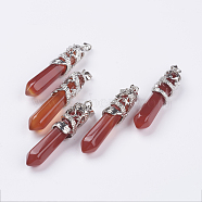 Natural Carnelian Big Pointed Pendants, with Alloy Findings, Faceted, Bullet, Platinum, 59~63x11~12mm, Hole: 4x7mm(G-G738-A-32)
