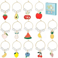 Alloy Enamel Wine Glass Charms, with Brass Hoop Earring Findings and Glass Pearl Bead, Mixed Shapes Fruit, Mixed Color, 48~55mm, 14pcs/set(AJEW-SC0002-10)