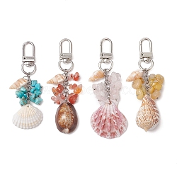 Shell Pendant Decorations, Natural Rose Quartz & South Red Agate & Topaz Jade & Synthetic Turquoise Chips and Swivel Clasps Charms for Bag Ornaments, 82~95mm, 4pcs/set(HJEW-TA00324)