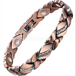 Alloy with Crystal Rhinestone Link Chain Bracelets, Leaf, with Magnetic Clasp, Red Copper, 8-1/8~8-1/2 inch(20.5~21.5cm)(FS-WG03E93-01)