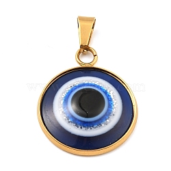 Ion Plating(IP)304 Stainless Steel Pendants, Flat Round with Resin Evil Eye Charms, Golden, 26x21.5x4.5mm, Hole: 7x3.5mm(STAS-H182-03G)
